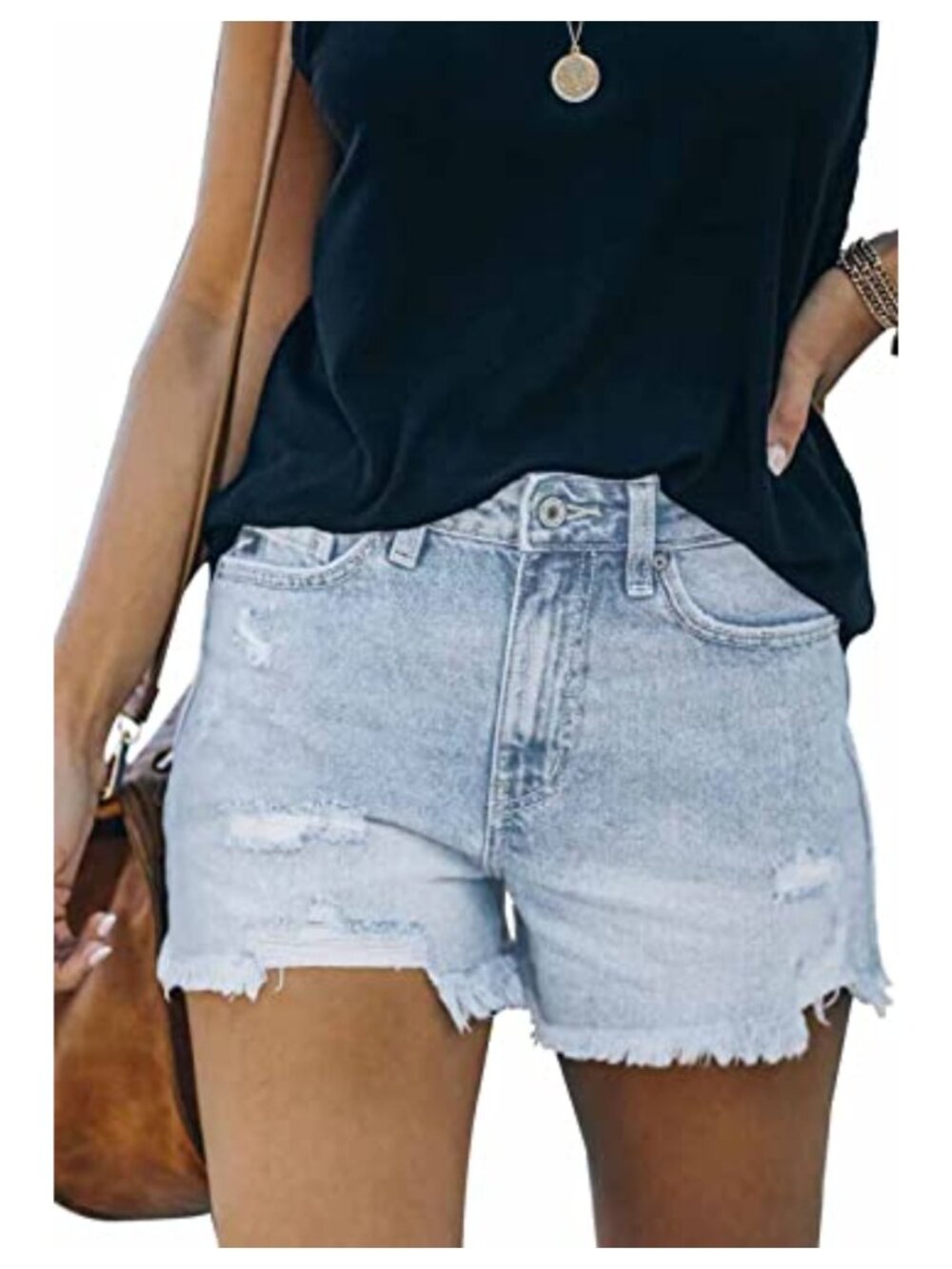 High Waisted Ripped Denim Shorts Frayed Raw Hem Stretch Cotton Blend